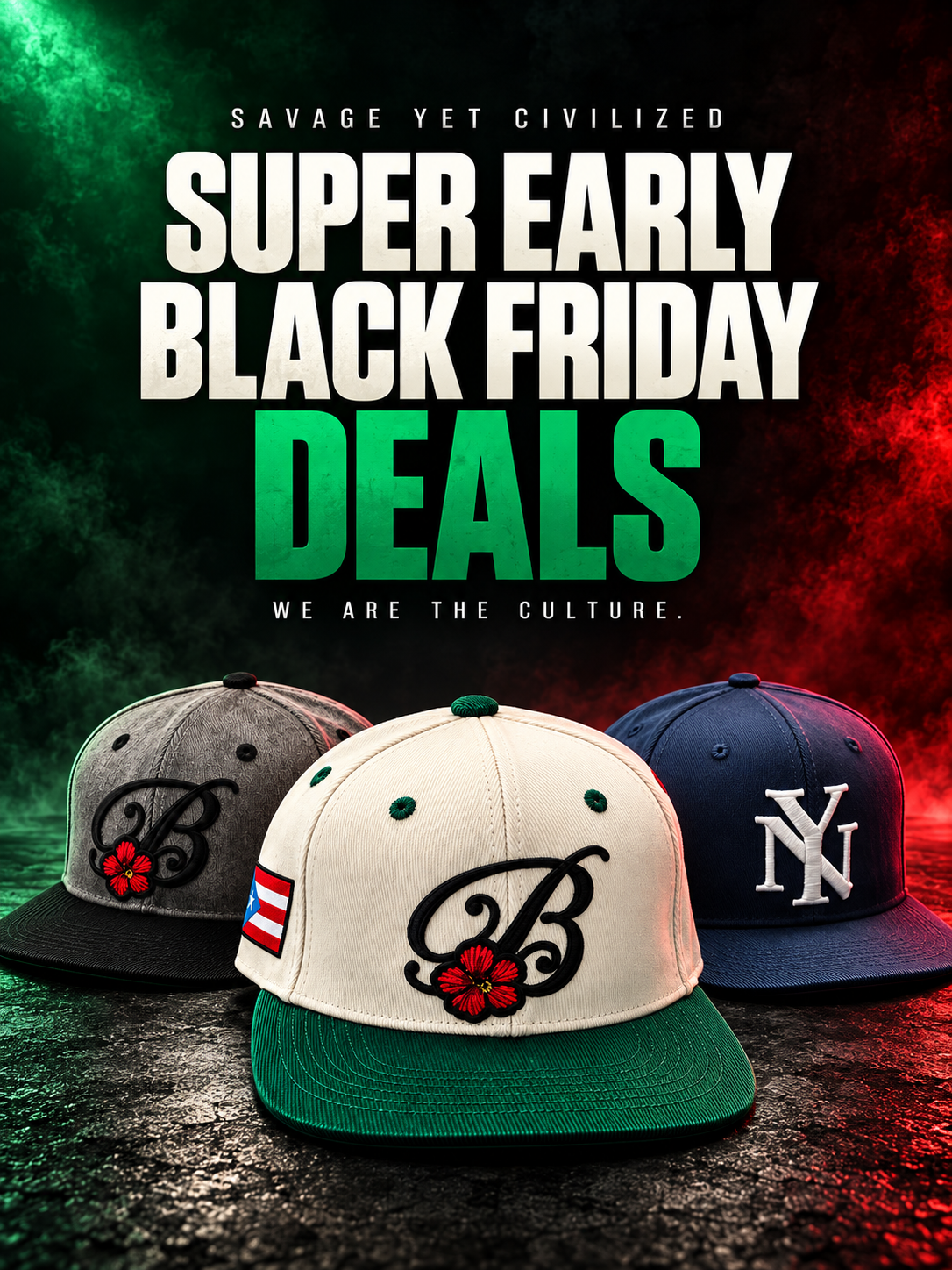 SYC super early Black Friday deals with white and green, grey and black Boricua hats and navy El Barrio NY hat — mobile banner